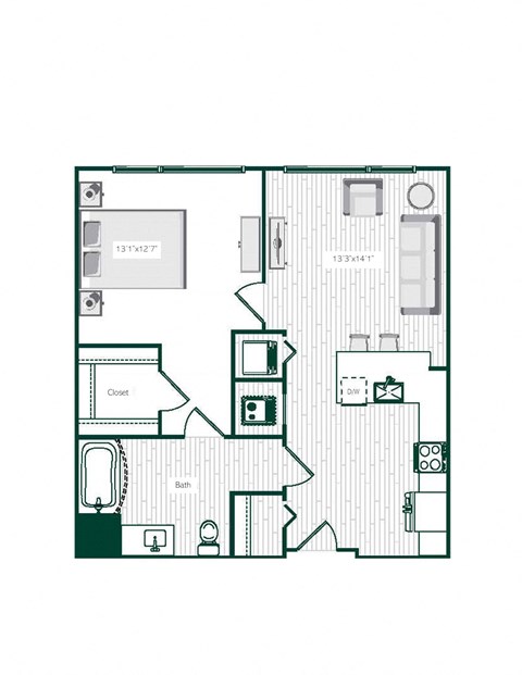 Floor plan for 1 bed, 1 bath, 730 sqft